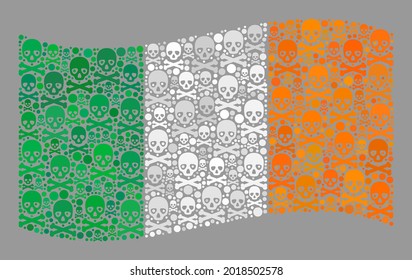 Mosaic waving Ireland flag constructed of skull elements. Mortal vector waving mosaic Ireland flag designed for fear wallpapers. Designed for political and patriotic applications.