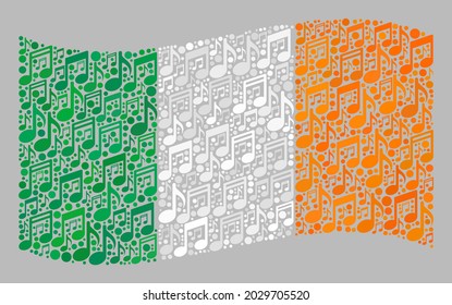 Mosaic waving Ireland flag constructed with musical notes. Vector melody mosaic waving Ireland flag combined for party purposes. Ireland flag collage is made with random melody icons.