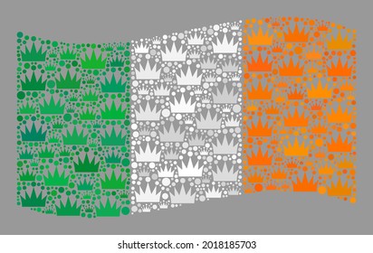 Mosaic waving Ireland flag designed of royal icons. Royalty vector collage waving Ireland flag created for jewelry applications. Designed for political and patriotic promotion.