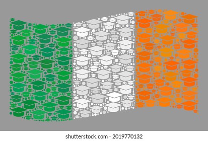 Bandera de Irlanda de ondulación mosaica diseñada con elementos de tapón de graduación. Mosaico vectorial de graduación ondeando la bandera de Irlanda organizado para propaganda de inteligencia.