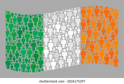 Mosaic waving Ireland flag designed of crowd items. Vector population collage waving Ireland flag designed for political applications. Ireland flag collage is formed of random man items.