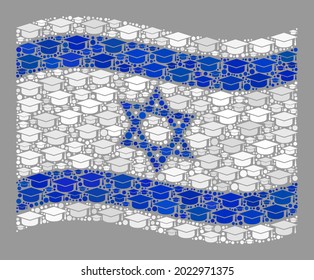 Mosaic waving Israel flag constructed with student cap elements. University vector mosaic waving Israel flag constructed for academy illustrations.