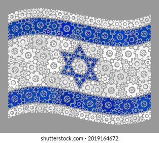 Mosaic waving Israel flag created with engine icons. Vector engine mosaic waving Israel flag designed for development projects. Israel flag collage is created of random options icons.
