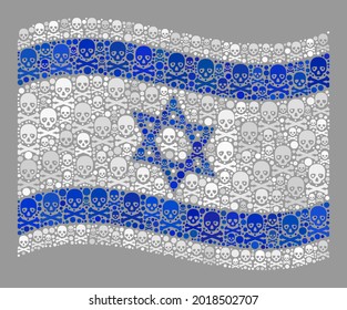 Mosaic waving Israel flag designed of piracy icons. Risk vector waving collage Israel flag organized for piracy advertisement. Designed for political and patriotic propaganda.