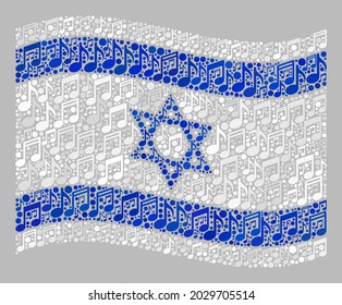 Mosaic waving Israel flag designed with melody icons. Vector music collage waving Israel flag designed for club illustrations. Israel flag collage is created of randomized melody icons.