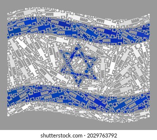 Mosaico ondeando la bandera de Israel diseñada con elementos de jeringa. Collage de terapia de virus vectores agitando la bandera de Israel organizada para papeles de pared de brotes. El collage de la bandera israelí está formado por elementos de jeringa aleatorizados.