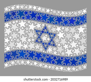 Mosaic waving Israel flag designed with star elements. Vector starred collage waving Israel flag designed for feast advertisement. Israel flag collage is done with random stars.