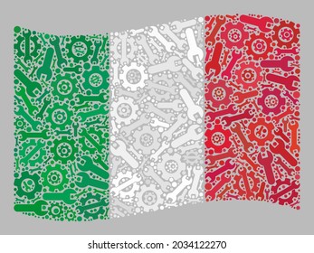 Mosaic Waving Italy Flag Constructed With Options Items. Vector Cog Wheel, Spanner Mosaic Waving Italy Flag Created For Production Applications. Italy Flag Collage Is Made With Random Factory Items.