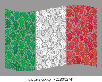 Mosaic waving Italy flag designed with force icons. Protest fist vector collage waving Italy flag constructed for rebel projects. Designed for political or patriotic doctrines.