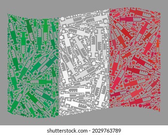 Mosaic waving Italy flag designed with vaccine items. Vector virus therapy mosaic waving Italy flag combined for political illustrations.