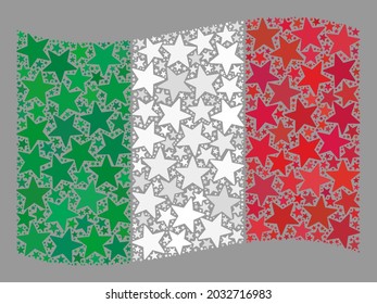 Mosaic waving Italy flag designed with star elements. Vector starred collage waving Italy flag designed for festive illustrations. Italy flag collage is designed of randomized stars.
