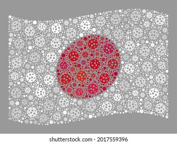 Mosaic waving Japan flag created with bacilla elements. Vector covid-2019 mosaic waving Japan flag created for vaccination advertisement. Designed for political or patriotic collages.