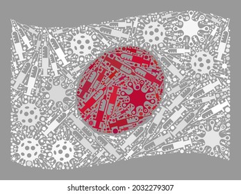 Mosaic waving Japan flag created of viral and syringe items. Vector vaccine mosaic waving Japan flag designed for health care illustrations.