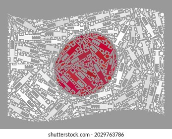 Bandera de Japón ondulada por mosaicos diseñada con iconos de jeringas. Collage de terapia con virus vectores ondeando la bandera de Japón combinado para papeles de pared de cuarentena.