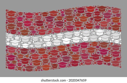 Mosaic waving Latvia flag designed of student hat items. Education vector collage windy Latvia flag done for intelligence apps. Latvia flag collage is done of random student particles.