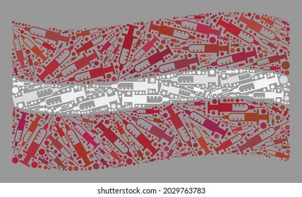 Mosaik schwenkende lettische Flagge, die aus Spritzenartikeln besteht. Vektor-Suchtstoffcollage, die die Flagge Lettlands windet und für Poster für den Ausbruch gebaut ist. Lettland Fahnenkollage besteht aus randomisierten Spritzenelementen.