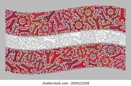 Mosaic waving Latvia flag designed with component items. Vector cog, spanner mosaic waving Latvia flag organized for service illustrations.