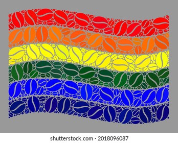 Mosaic waving LGBT flag is created with coffee seed icons. Vector coffee mosaic waving LGBT flag constructed for cafeteria marks. LGBT flag collage is formed with randomized coffee seeds.