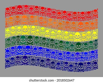 Mosaic waving LGBT flag created of death elements. Death vector waving collage LGBT flag designed for hacker wallpapers. Designed for political and patriotic purposes.