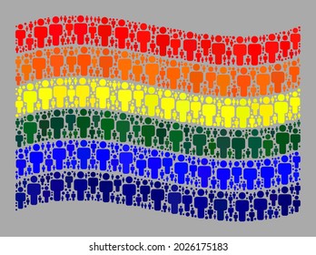 Mosaic waving LGBT flag created with human icons. Vector crowd collage waving LGBT flag created for social projects. LGBT flag collage is created from random crowd icons.