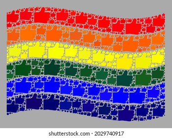 Mosaic waving LGBT flag created with like items. Vector validation collage waving LGBT flag designed for political wallpapers. LGBT flag collage is designed from scattered like items.