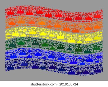 Mosaic waving LGBT flag designed of crown items. Brand vector collage waving LGBT flag designed for heraldry purposes. Designed for political or patriotic projects.