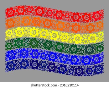 Mosaic waving LGBT flag designed with transmission items. Vector gear wheel collage waving LGBT flag combined for control posters. LGBT flag collage is designed with randomized control center items.