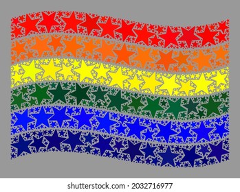 Mosaic waving LGBT flag designed with star elements. Vector starred collage waving LGBT flag combined for holiday purposes. LGBT flag collage is composed with scattered stars.