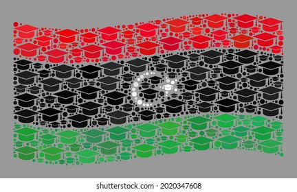 Mosaic waving Libya flag created of graduation cap items. Education vector mosaic waving Libya flag constructed for bachelor purposes. Libya flag collage is created from random master cap items.