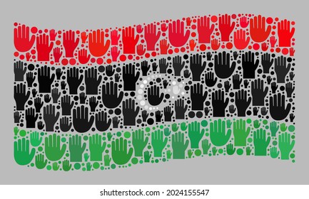 Mosaic waving Libya flag created with raised up decision arm elements. Vector democracy collage waving Libya flag designed for party projects. Libya flag collage is organized with decision palms.