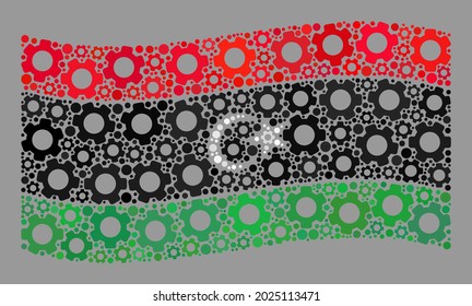 Mosaic waving Libya flag created of mechanical icons. Vector gear wheel collage waving Libya flag combined for mechanical purposes. Libya flag collage is shaped of random part icons.