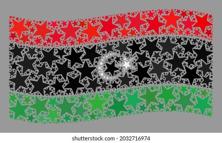 Mosaic waving Libya flag created of star elements. Vector starred collage waving Libya flag designed for feast wallpapers. Libya flag collage is designed of random stars.