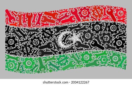 Bandera de Libia de mosaico creada con artículos de tecnología. Motor vectorial, mosaico francés ondeando la bandera de Libia organizada con fines de producción. El collage de la bandera de Libia se crea con elementos de llave aleatorios.