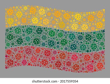 Mosaic waving Lithuania flag created with infection items. Vector covid-2019 collage waving Lithuania flag organized for vaccination applications. Designed for political or patriotic agitprop.