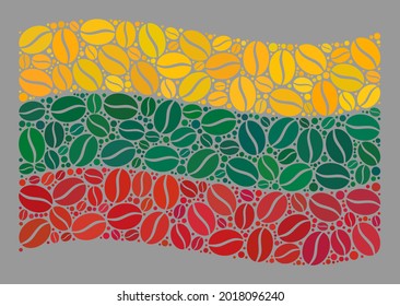 Mosaic waving Lithuania flag created with coffee grain icons. Vector coffee mosaic waving Lithuania flag created for coffee delivery wallpapers.
