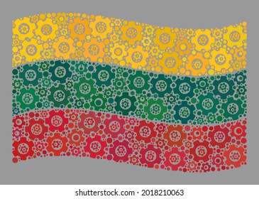 Mosaik wehende litauische Flagge erstellt von Ausrüstung. Vektorgetriebe-Radcollage schwenkt litauische Flagge für die Kontrolle Bildschirmhintergründe. Litauen Flaggencollage ist mit Zufallselementen organisiert.
