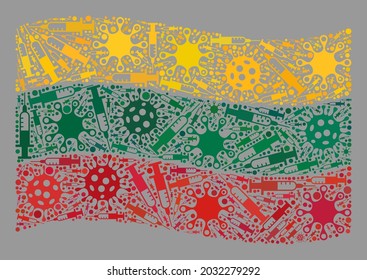 Mosaic waving Lithuania flag created of virus and needle elements. Vector inoculation mosaic waving Lithuania flag constructed for lockdown purposes.