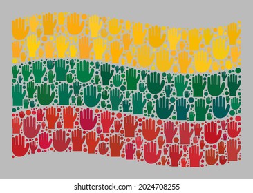 Mosaic waving Lithuania flag designed of raised selection arm elements. Vector electoral collage waving Lithuania flag created for official illustrations.