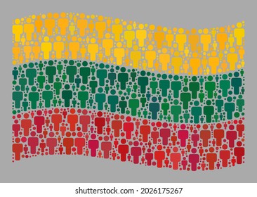 Mosaic waving Lithuania flag designed of people elements. Vector demographic collage waving Lithuania flag designed for national applications. Lithuania flag collage is composed of random guy icons.