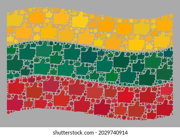 Bandera de Lituania con mosaico diseñada con artículos similares. Collage de selección de vectores ondeando la bandera de Lituania diseñada para propaganda social. El collage de la bandera de Lituania está diseñado a partir de iconos aleatorios de la palma.