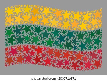 Mosaik wehende litauische Flagge entworfen von Sternelementen. Vektor starrte Mosaik winkend litauische Flagge für festliche Zwecke geschaffen. Litauen Flaggencollage ist von randomisierten Sternen organisiert.