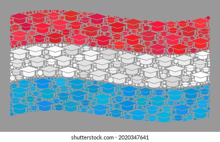 Mosaic waving Luxembourg flag constructed with learning cap icons. School vector collage waving Luxembourg flag done for certification advertisement.