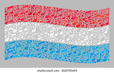 Mosaic waving Luxembourg flag constructed with musical icons. Vector melody collage waving Luxembourg flag organized for musician applications.