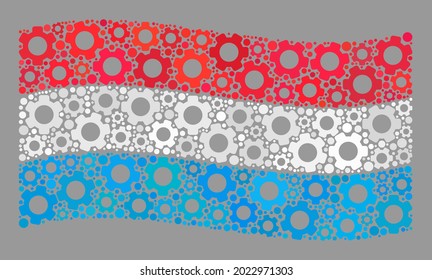 Mosaic waving Luxembourg flag designed of engine icons. Vector gear wheel mosaic waving Luxembourg flag organized for industrial purposes.