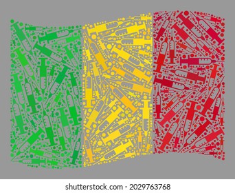Mosaic waving Mali flag constructed of syringe items. Vector addiction collage waving Mali flag designed for quarantine advertisement. Mali flag collage is designed of randomized drugs icons.