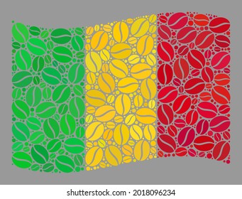 El mosaico ondeando la bandera de Mali se crea con elementos de frijol de café. Collage de café vectorial ondeando la bandera de Mali organizado para proyectos de cafeterías. El collage de la bandera de Mali está diseñado con granos de café al azar.