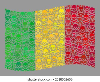 Mosaic waving Mali flag created of piracy icons. Risk vector waving collage Mali flag designed for piracy applications. Designed for political or patriotic agitprop.