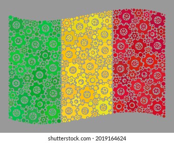 Mosaico ondeando la bandera de Mali creada con iconos de rueda. Mosaico de engranajes vectores ondeando la bandera de Mali creada para proyectos de control. El collage de la bandera de Mali está formado por íconos dispersos del sistema.
