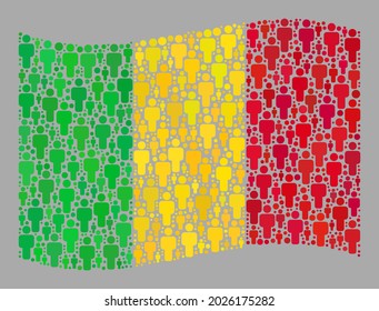 Mosaik wehende Mali-Flagge, die mit persönlichen Elementen entworfen wurde. Vektor Population Mosaik winkend Mali Flagge getan für soziale Projekte. Mali Flag Collage ist mit zufälligen Männern-Symbole entworfen.