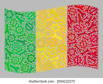 Mosaic waving Mali flag designed of transmission icons. Vector gear, spanner mosaic waving Mali flag combined for industrial propaganda. Mali flag collage is composed of randomized mechanical icons.